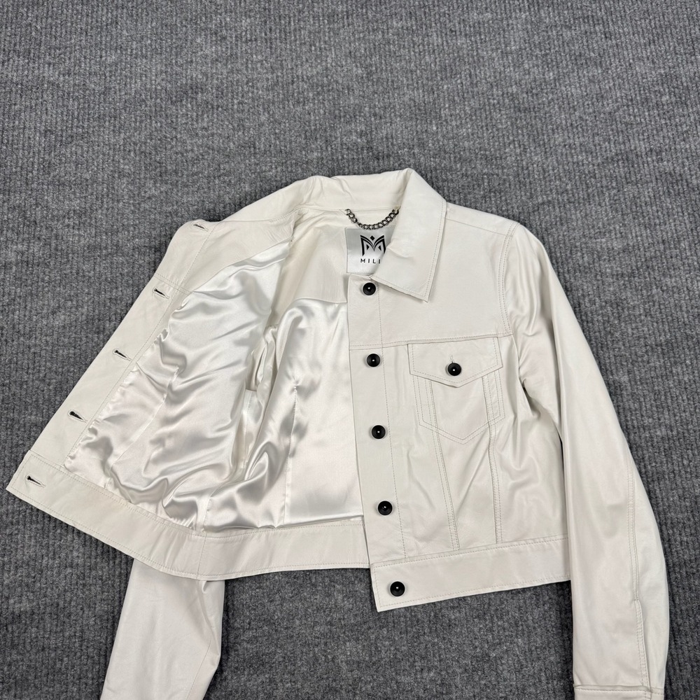 Milly Leather Trucker Jacket Womens S Ecru Lambskin Cropped Button Up Luxury